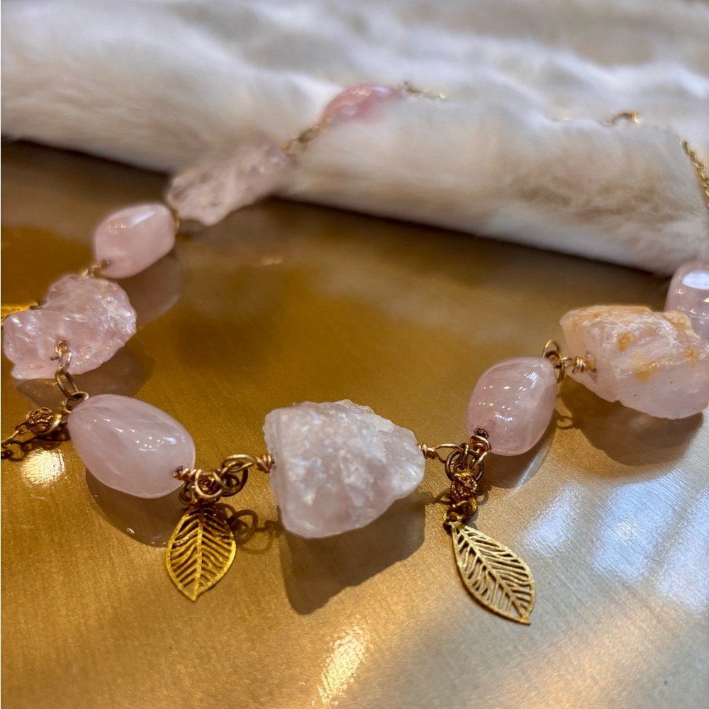 Gold Leaf Rose Quartz Bracelet necklace with jewelry bag